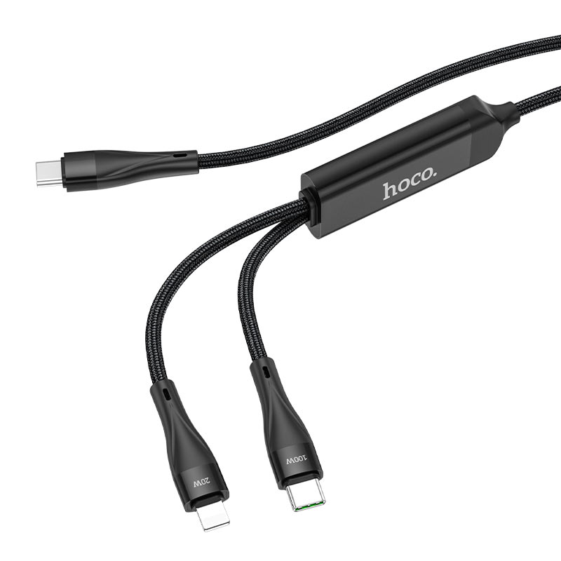 Cablu Date si Incarcare USB Type-C La USB Type-C / Lightning HOCO U102 Super, 1.2 m, 100W, 2in1, Negru 