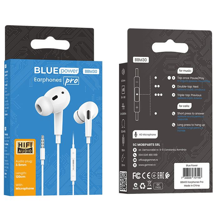 Handsfree Casti EarBuds BLUE Power BBM30 Pro, Cu microfon, 3.5 mm, 1.2m, Alb 