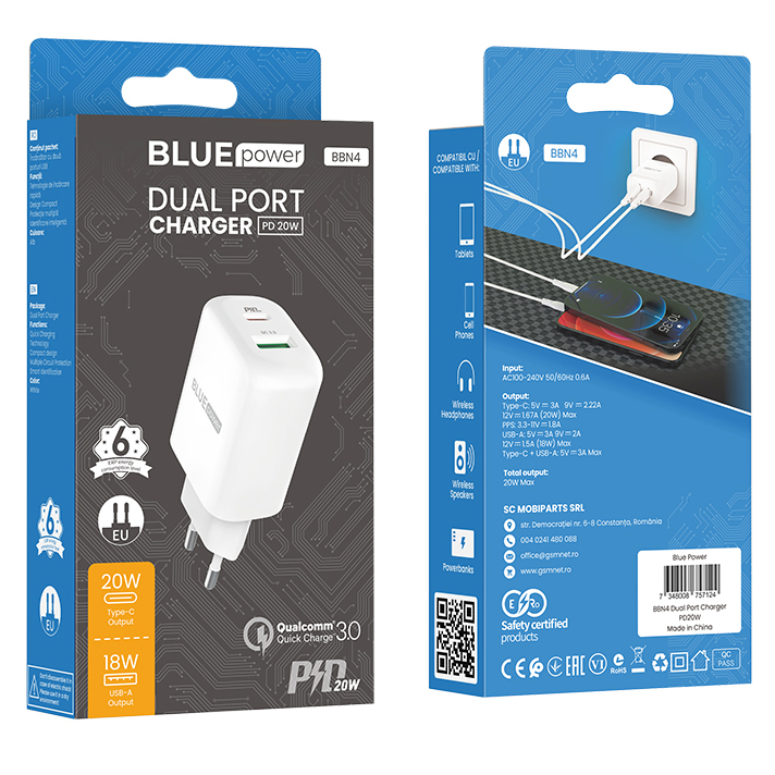 Incarcator Retea USB BLUE Power BBN4 Potential, Quick Charge, 20W, 1 X USB - 1 X USB Tip-C, Alb 