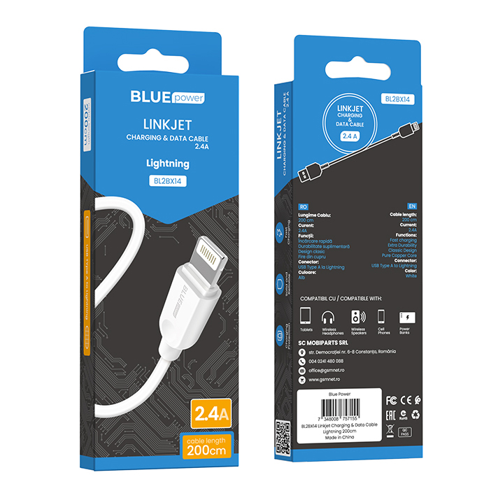Cablu Date si Incarcare USB la Lightning BLUE Power BL2BX14 LinkJet, 2 m, 3A, Alb 
