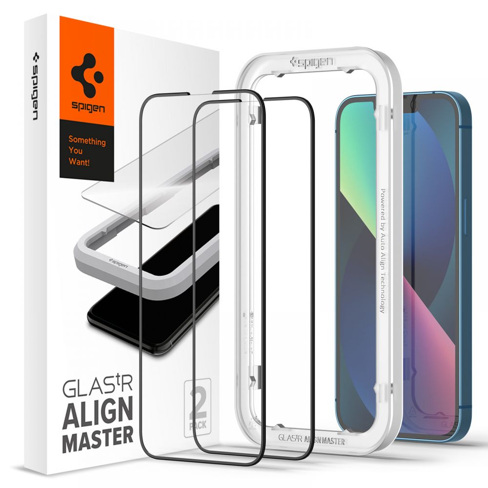 Folie Protectie Ecran Spigen Align Master pentru Apple iPhone 13 / Apple iPhone 13 Pro, Sticla securizata, Full Face, Full Glue, Set 2 bucati, Neagra AGL03387 